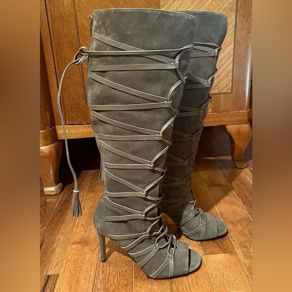 NEW Vince Camuto Tornado Gray Carsey Suede Caged Tall Back Zip Stiletto Boots - Picture 4 of 16